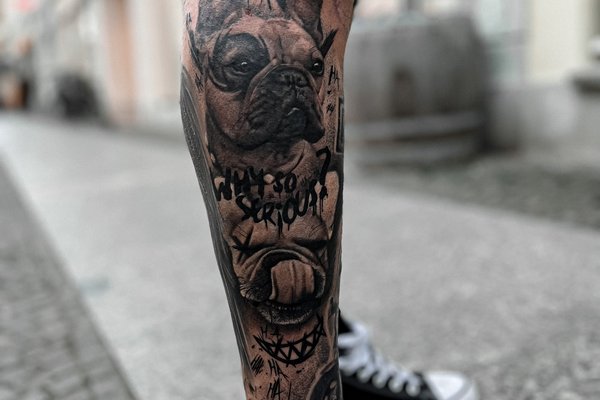 Black-and-grey warrior calf tattoo by VEAN TATTOO in Tallinn