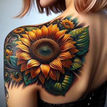 DALL·E 2024-03-24 15.17.06 - A detailed and colorful tattoo design of a sunflower on a woman's shoulder, capturing the vibrancy and beauty of the flower in full bloom. The sunflow