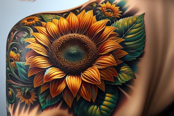 DALL·E 2024-03-24 15.17.06 - A detailed and colorful tattoo design of a sunflower on a woman's shoulder, capturing the vibrancy and beauty of the flower in full bloom. The sunflow