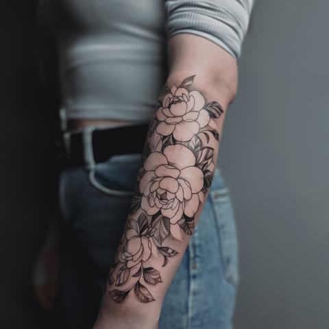 Large flowers and leaves follow the natural shape of the forearm, with clean outlines creating a soft, open and well-balanced botanical composition