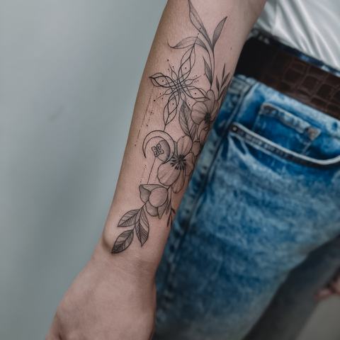 This airy floral linework leaves plenty of open skin, while fine stems, small blossoms and graphic elements give the forearm design its own character