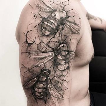 Black and grey tattoo of multiple bees with abstract geometric linework